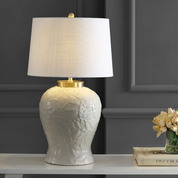 Regency Palm Leaf 31.5" Ceramic/Metal Bohemian Cottage LED Table Lamp - JONATHAN Y